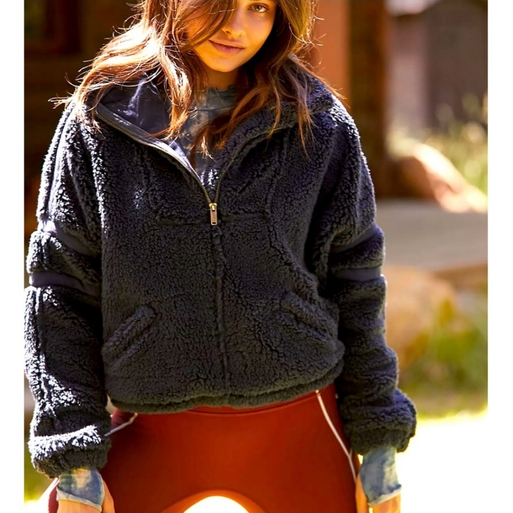 Free People Nantucket Cozy Fleece Half Zip Pullover Jacket Navy Blue Small NWOT